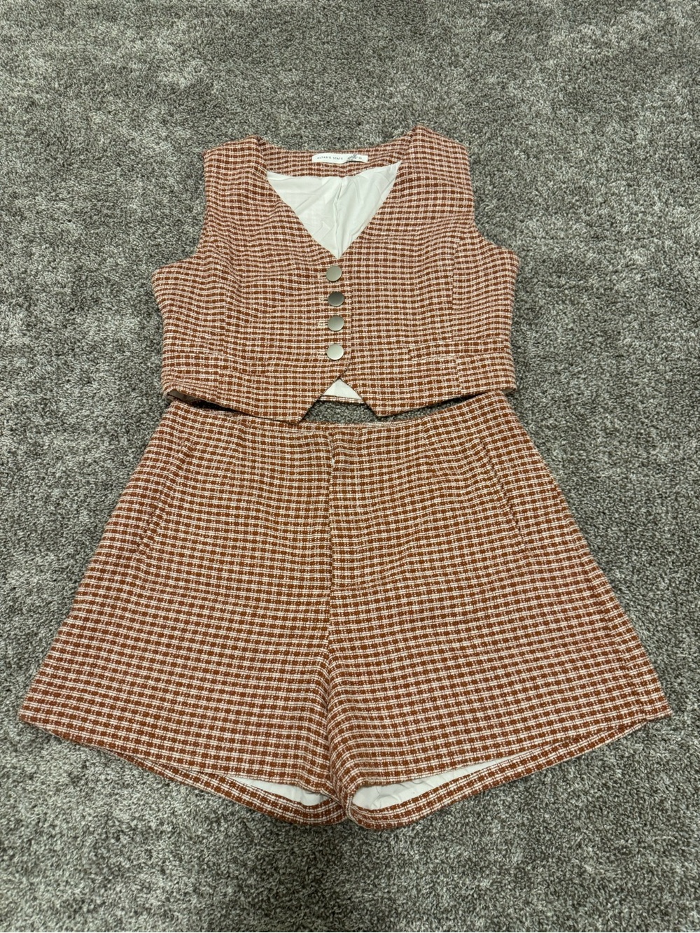 Altar'd State Burnt Orange Tweed Plaid Vest & Shorts Set